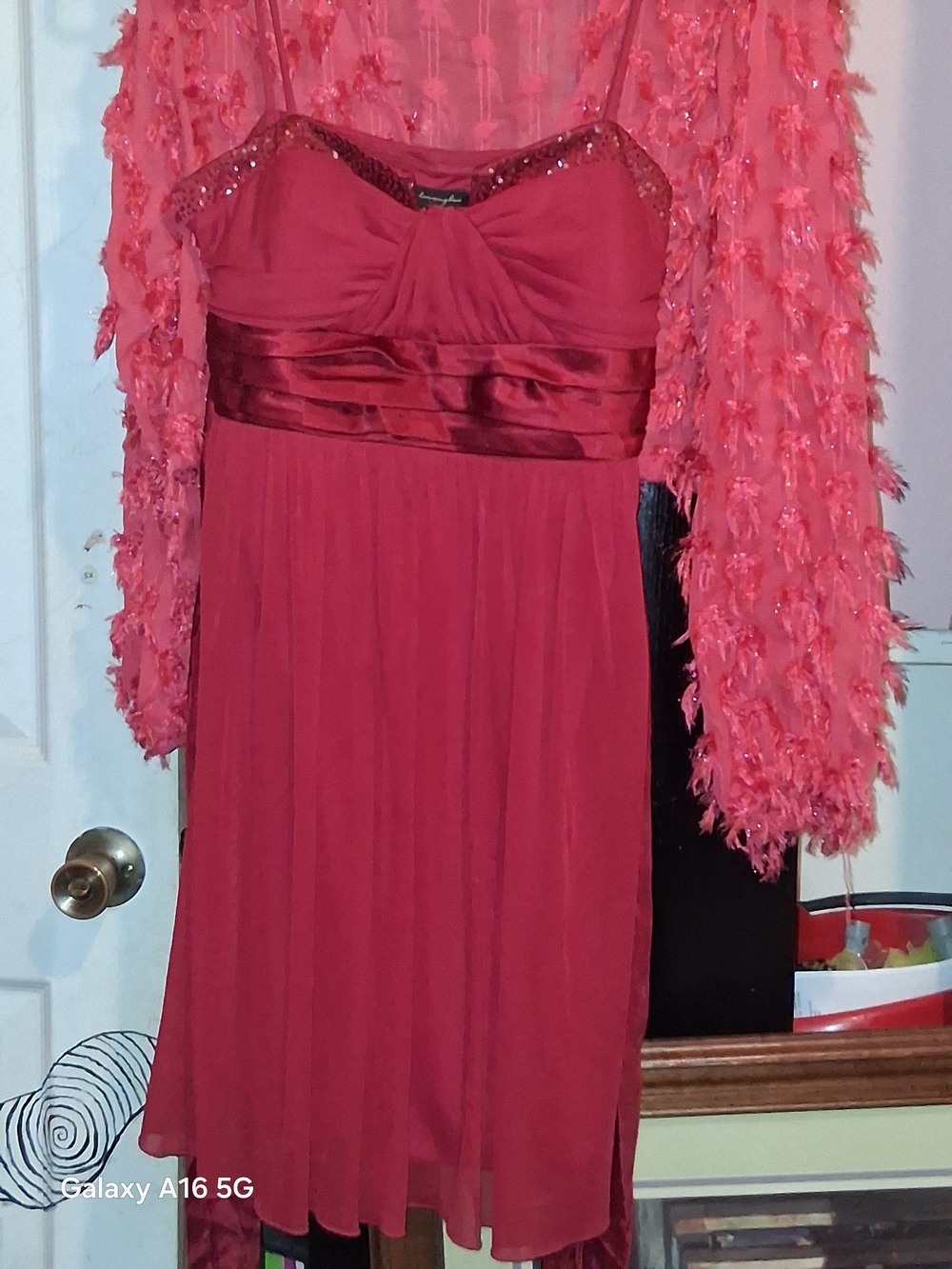 Red Strapless Evening Dress with Satin Waistband